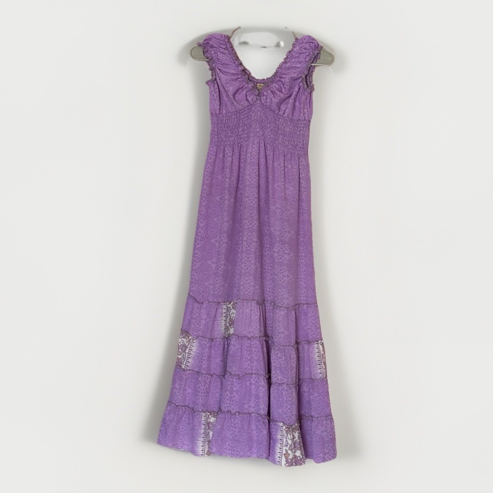 Dharma Imports Purple Boho Coquette Prairie Midi Dress Smocked Fairycore S/M